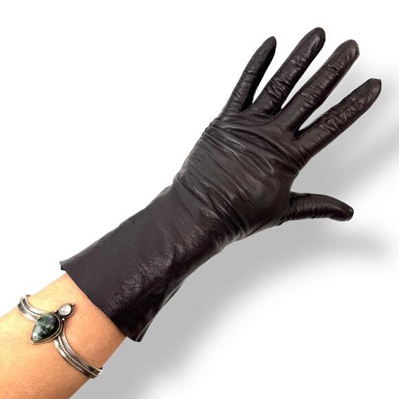 ❌SOLD❌1950's French designer black brown kid goat skin leather long gloves - Picture 7 of 14